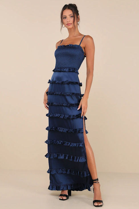 Lulus Dresses & Skirts - NWT Lulus Blue Satin Tiered Ruffle Smocked Maxi Dress Sz L Romantic Party Prom
